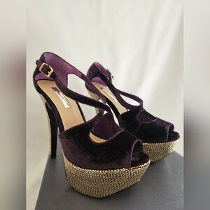 H by Halston Purple Velvet Heels with Gold Accents